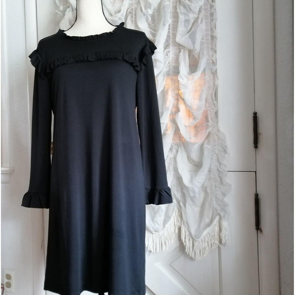 PHILOSOPHY Black Ruffle Shift DRESS Long SLeeve Women Size M